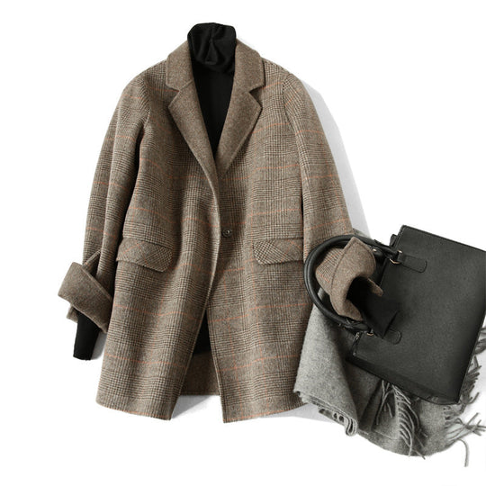 EB | Damen Woll-Winterjacke mit Karomuster und Reverskragen