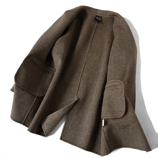 EB | Damen Woll-Winterjacke mit Karomuster und Reverskragen