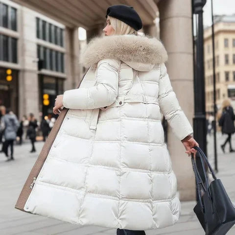 EB | Slim Fit Überknielange Jacke mit Pelzkragen und Gürtel