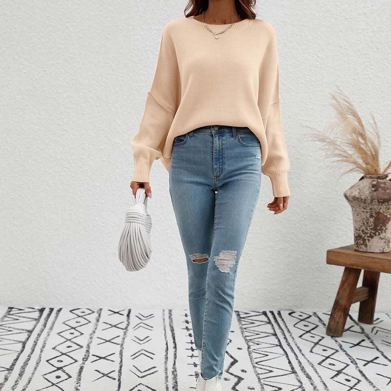 EB | Eleganter Einfarbiger Strickpullover Für Freizeit