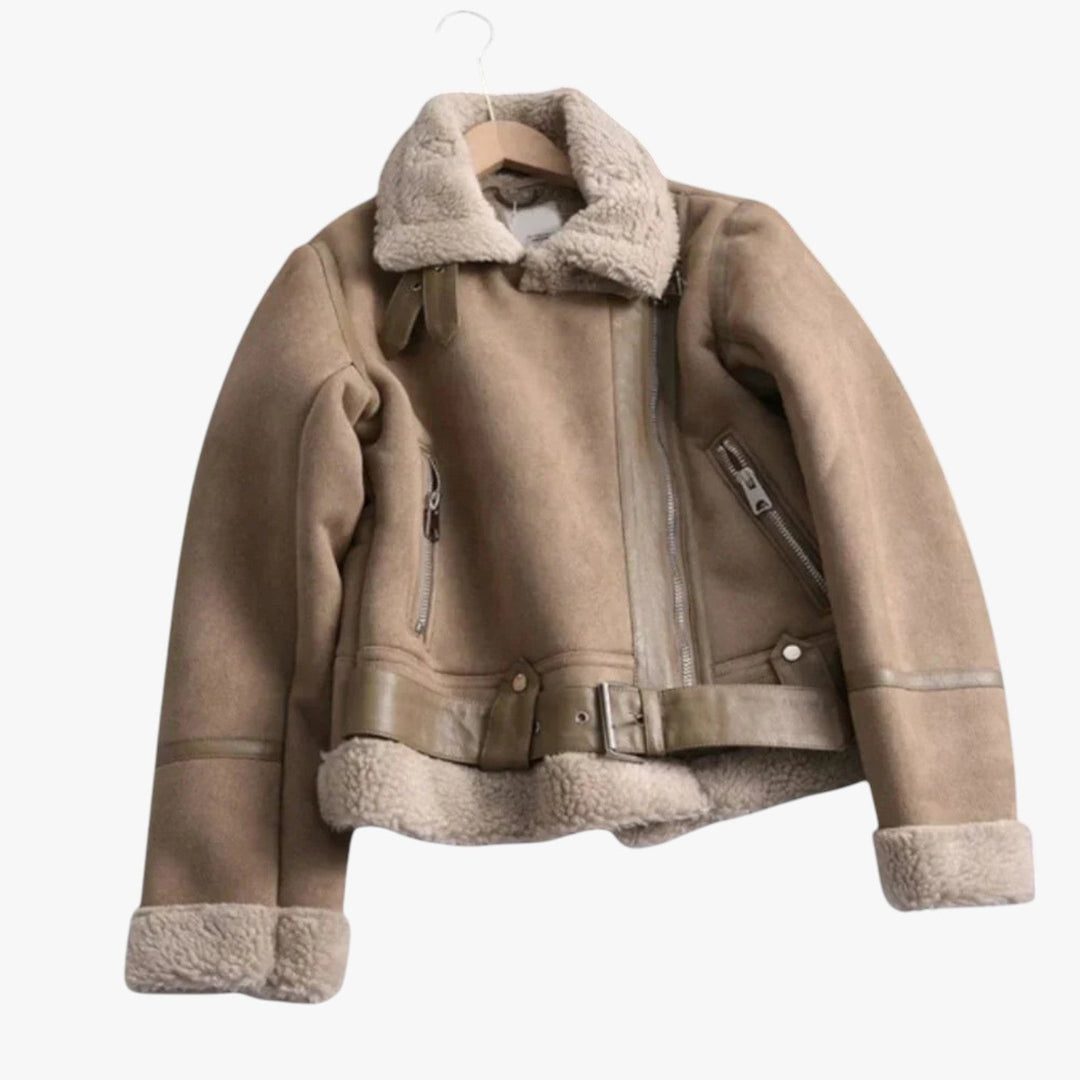 EB | Warme Damen Teddy Bikerjacke mit Reißverschluss und Kragen