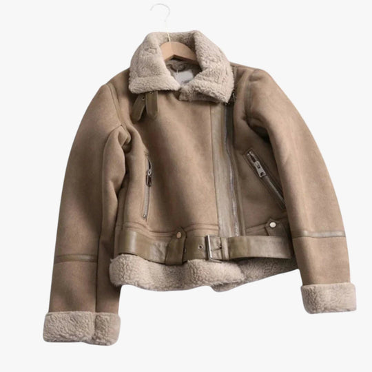 EB | Warme Damen Teddy Bikerjacke mit Reißverschluss und Kragen