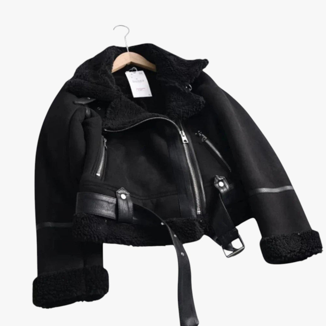 EB | Warme Damen Teddy Bikerjacke mit Reißverschluss und Kragen