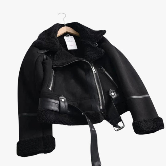 EB | Warme Damen Teddy Bikerjacke mit Reißverschluss und Kragen