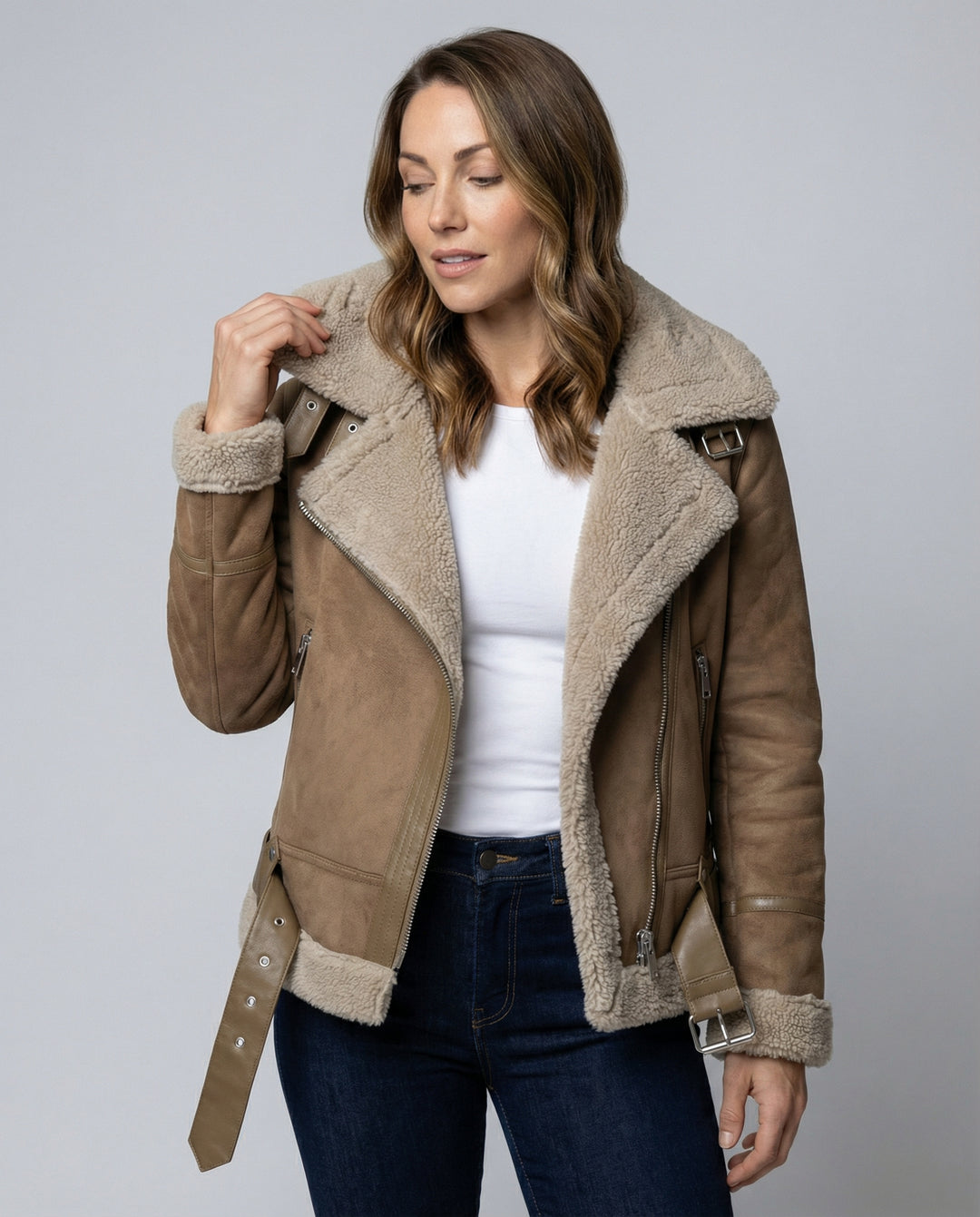 EB | Damen Bikerjacke aus Wildleder mit warmem Fleece-Futter