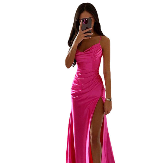 EB | Glänzendes Satin Falten Spalte Abend Maxi Kleid