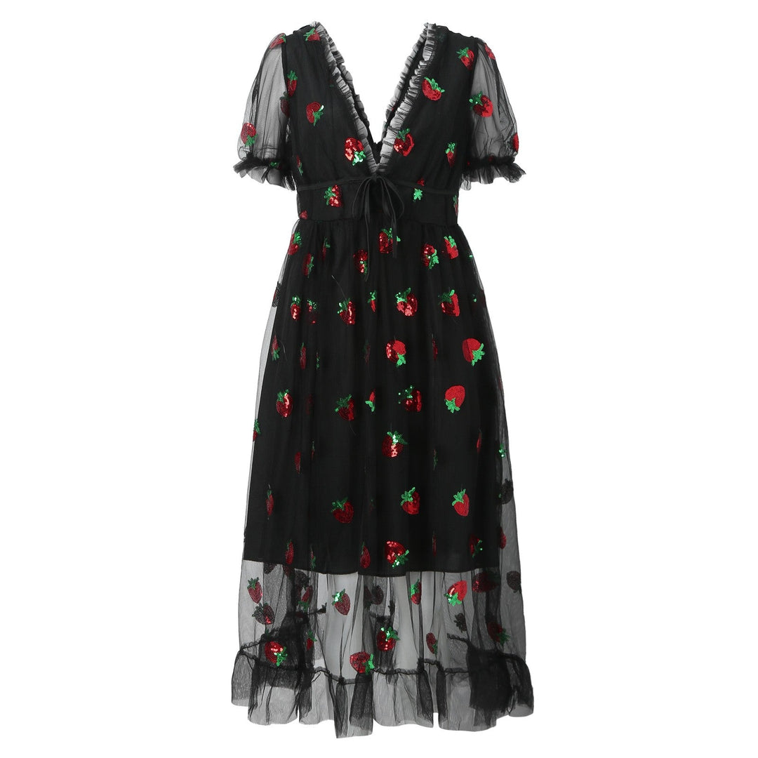 Damen Tüllkleid mit Verspieltem Erdbeer-Design und Eleganter Schnürung EB