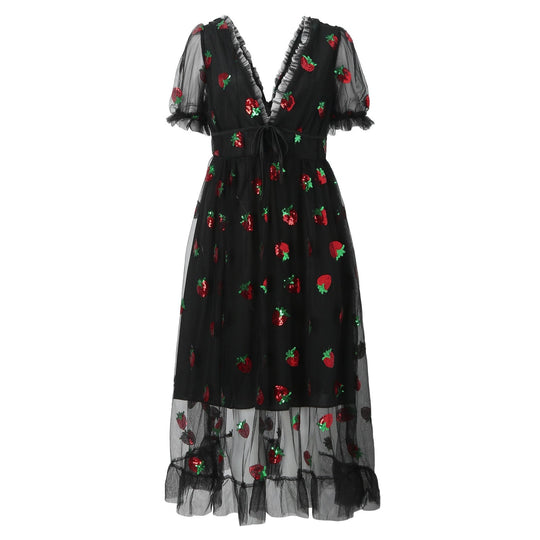 Damen Tüllkleid mit Verspieltem Erdbeer-Design und Eleganter Schnürung EB