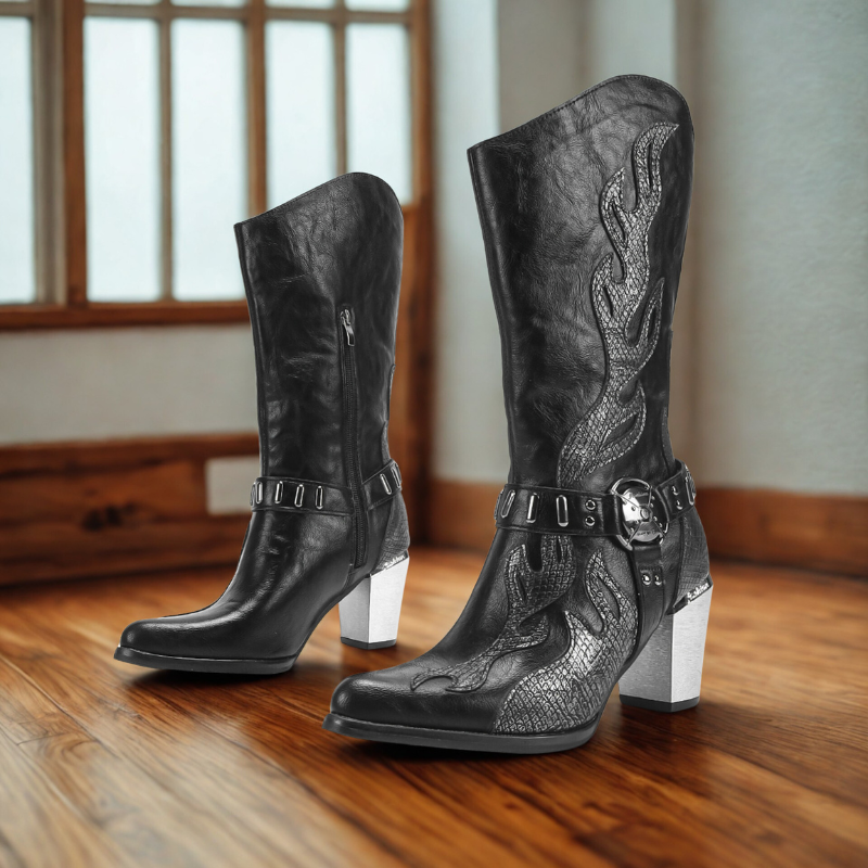 EB | Stiefel - Leder - Mittelwaden - Spitzzehe - Metallischer Blockabsatz