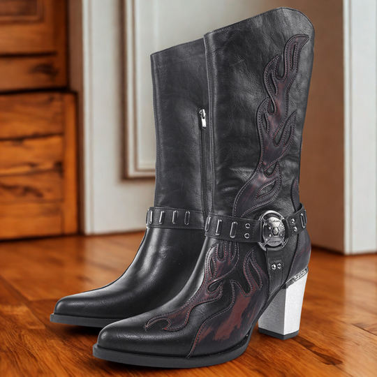 EB | Stiefel - Leder - Mittelwaden - Spitzzehe - Metallischer Blockabsatz
