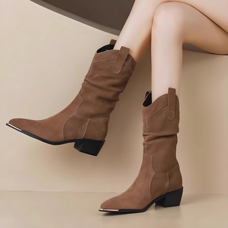 EB | Stiefel - Wildleder - Knöchellang - Spitz Zulaufend - Metall-Zehenschutz - Blockabsatz