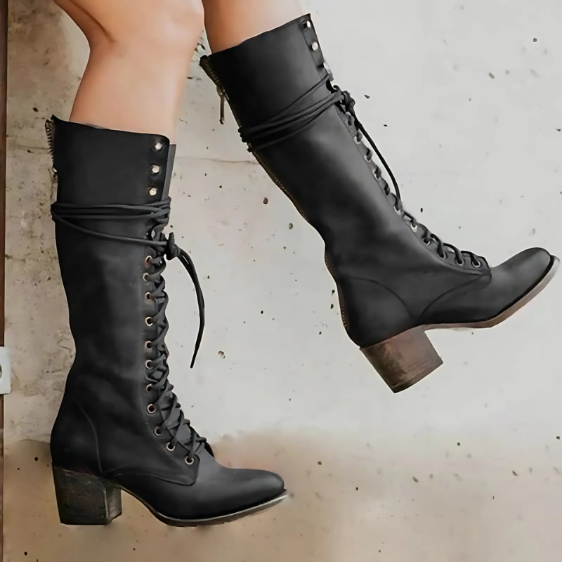 EB | Knöchelhohe Stiefel – Schnürverschluss – Blockabsatz – Reißverschluss Hinten – Stabile Sohle