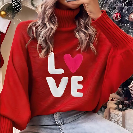 EB | Damen Rollkragenpullover mit Langen Ärmeln und Love Print