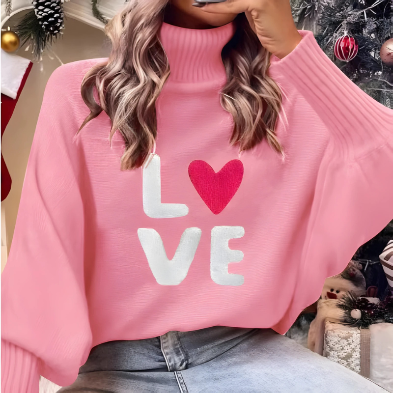 EB | Damen Rollkragenpullover mit Langen Ärmeln und Love Print