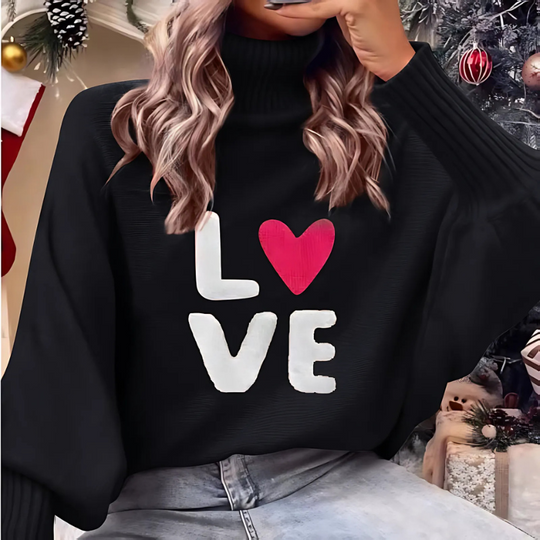 EB | Damen Rollkragenpullover mit Langen Ärmeln und Love Print
