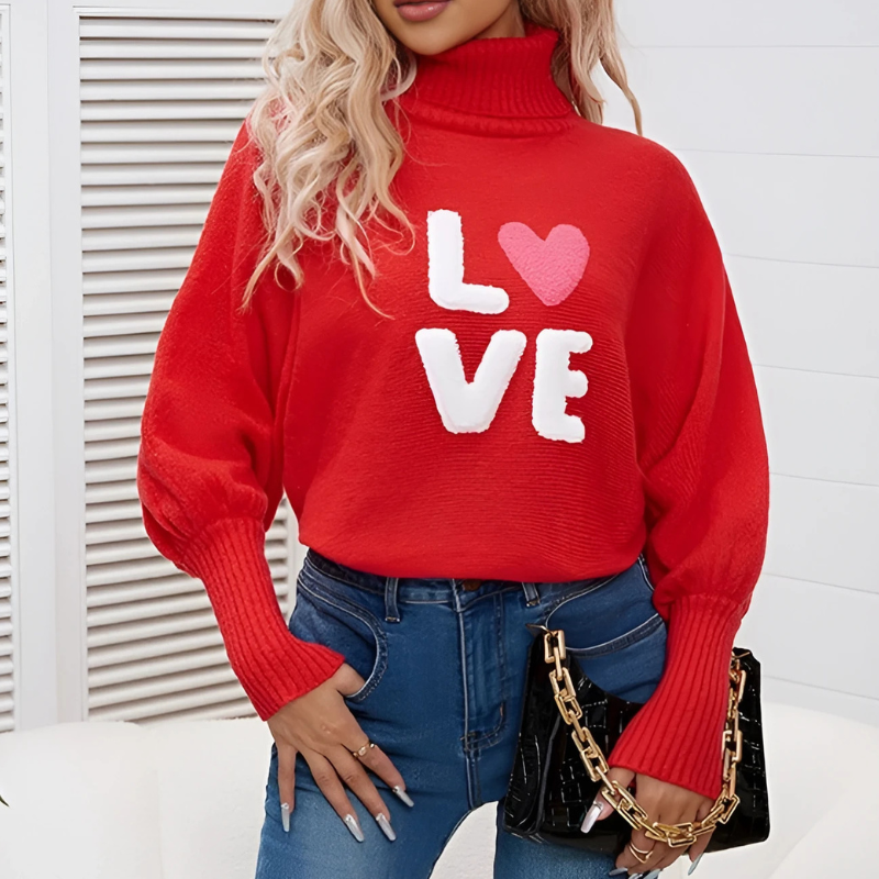 EB | Damen Rollkragenpullover mit Langen Ärmeln und Love Print