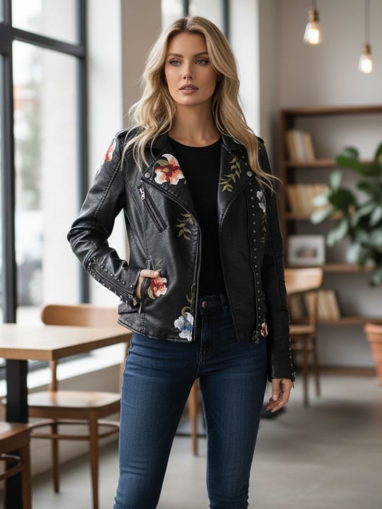 EB | Damenlederjacke mit Eleganten und Schicken Bestickten Blumen