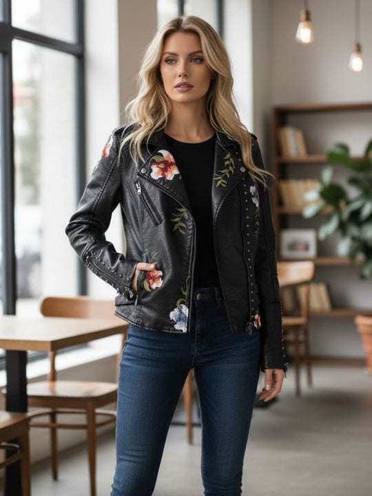 EB | Damenlederjacke mit Eleganten und Schicken Bestickten Blumen