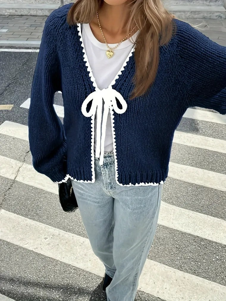 EB | Damen Strick-Cardigan mit V-Ausschnitt und Schleifenverschluss