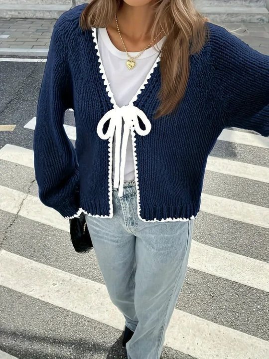 EB | Damen Strick-Cardigan mit V-Ausschnitt und Schleifenverschluss