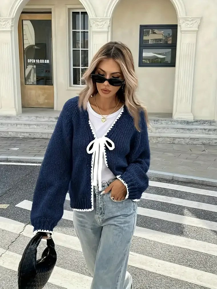 EB | Damen Strick-Cardigan mit V-Ausschnitt und Schleifenverschluss