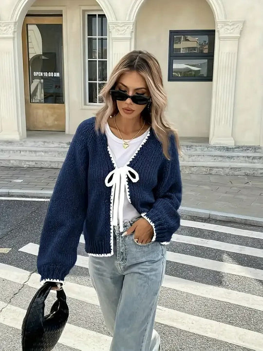 EB | Damen Strick-Cardigan mit V-Ausschnitt und Schleifenverschluss