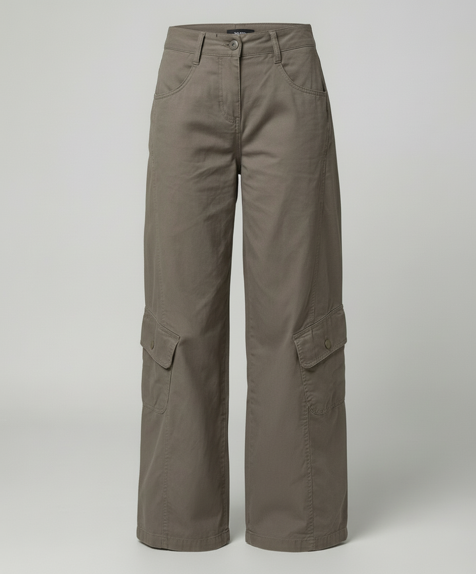 Damen hochgeschnittene Cargo-Hose mit weitem Bein, aufgesetzten Klappentaschen und Ziernähten EB