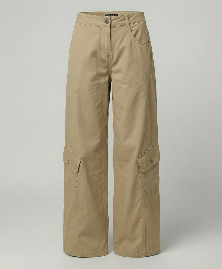 Damen hochgeschnittene Cargo-Hose mit weitem Bein, aufgesetzten Klappentaschen und Ziernähten EB
