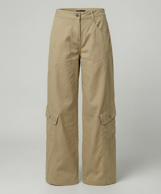 Damen hochgeschnittene Cargo-Hose mit weitem Bein, aufgesetzten Klappentaschen und Ziernähten EB