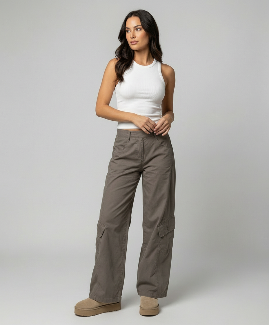 Damen hochgeschnittene Cargo-Hose mit weitem Bein, aufgesetzten Klappentaschen und Ziernähten EB