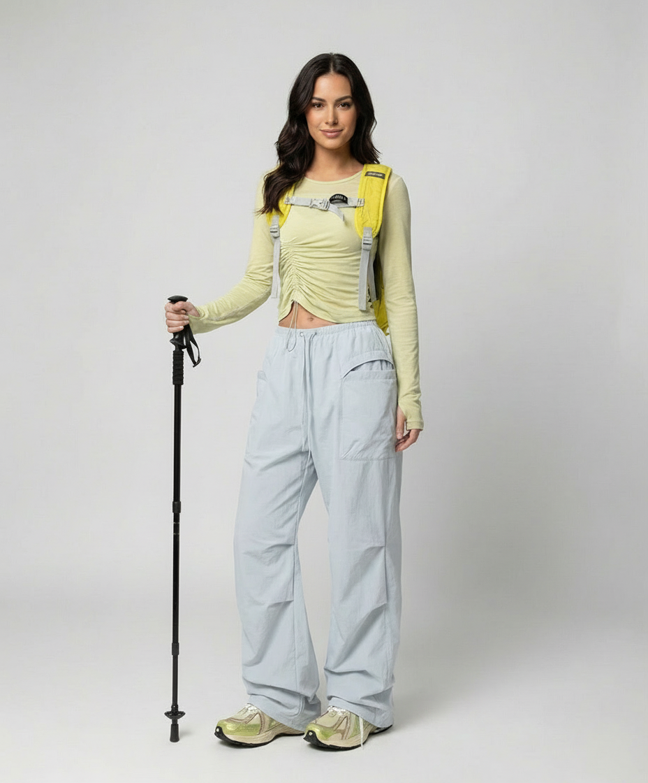 Damen leichte packbare Outdoor-Hose mit weitem Bein elastischem Bund und aufgesetzten Seitentaschen EB