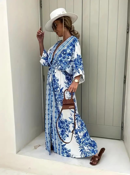 EB | Halbarm V-Ausschnitt Sommerkleid Langes Kleid