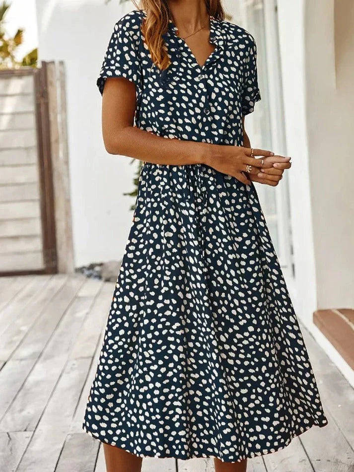 EB | Elegantes Kurzärmliges Hemdblusenkleid mit Polka Dots und Kordelzug In Der Taille