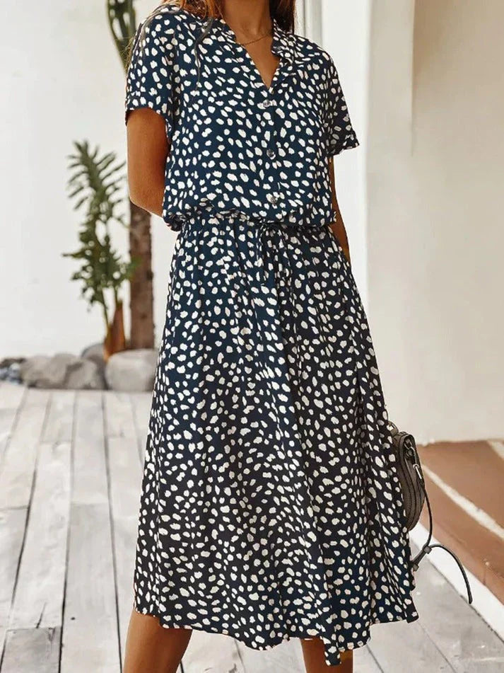 EB | Elegantes Kurzärmliges Hemdblusenkleid mit Polka Dots und Kordelzug In Der Taille