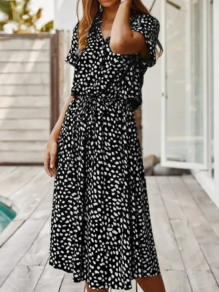 EB | Elegantes Kurzärmliges Hemdblusenkleid mit Polka Dots und Kordelzug In Der Taille