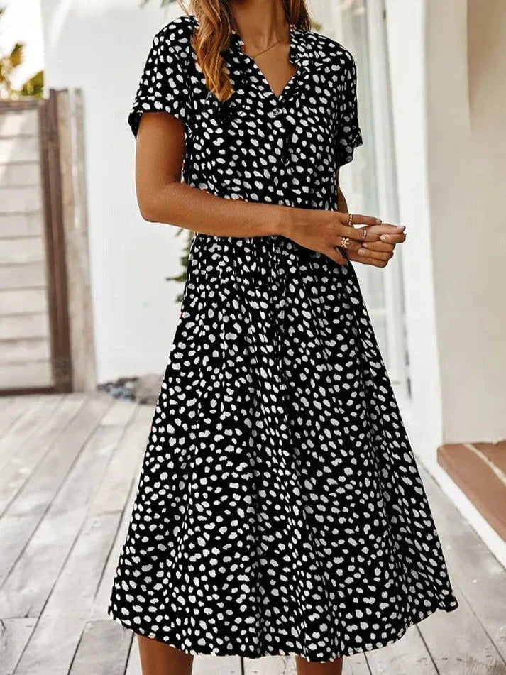 EB | Elegantes Kurzärmliges Hemdblusenkleid mit Polka Dots und Kordelzug In Der Taille