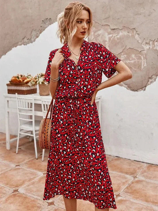 EB | Elegantes Kurzärmliges Hemdblusenkleid mit Polka Dots und Kordelzug In Der Taille