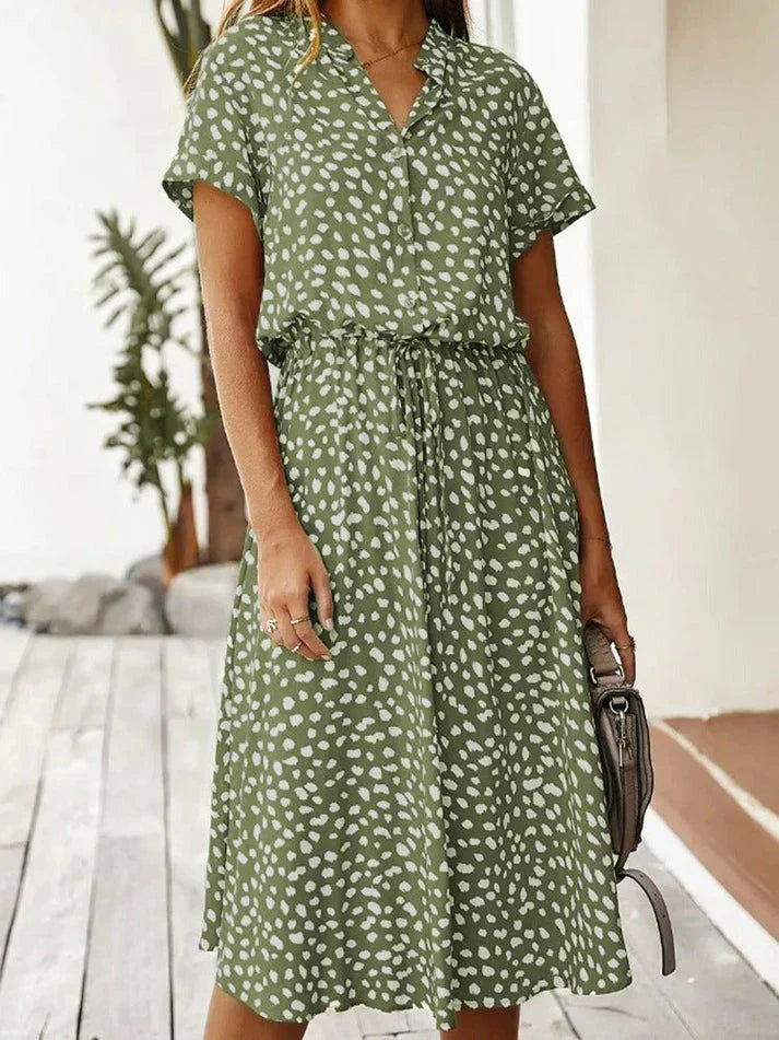 EB | Elegantes Kurzärmliges Hemdblusenkleid mit Polka Dots und Kordelzug In Der Taille