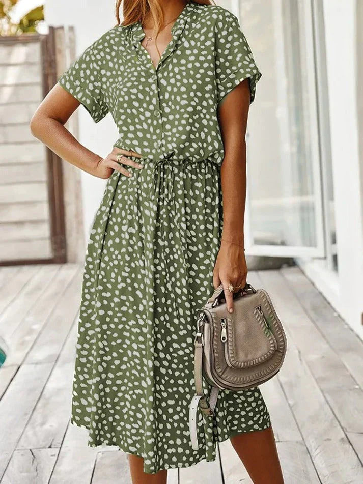 EB | Elegantes Kurzärmliges Hemdblusenkleid mit Polka Dots und Kordelzug In Der Taille