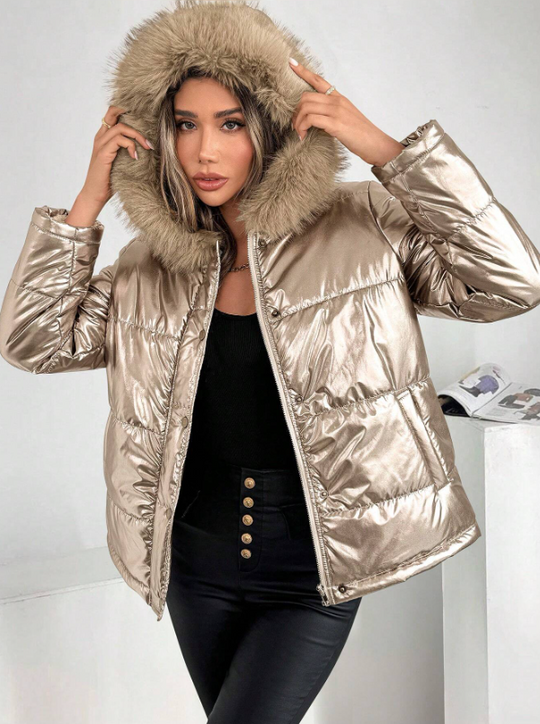 EB | Damen Metallic Pufferjacke mit Kapuze und Pelzkragen