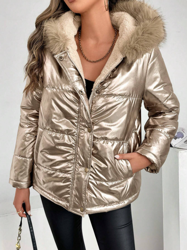 EB | Damen Metallic Pufferjacke mit Kapuze und Pelzkragen