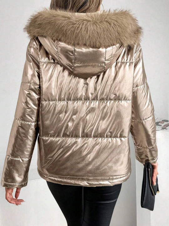 EB | Damen Metallic Pufferjacke mit Kapuze und Pelzkragen