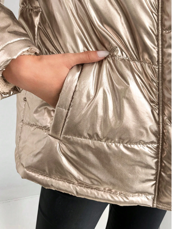 EB | Damen Metallic Pufferjacke mit Kapuze und Pelzkragen