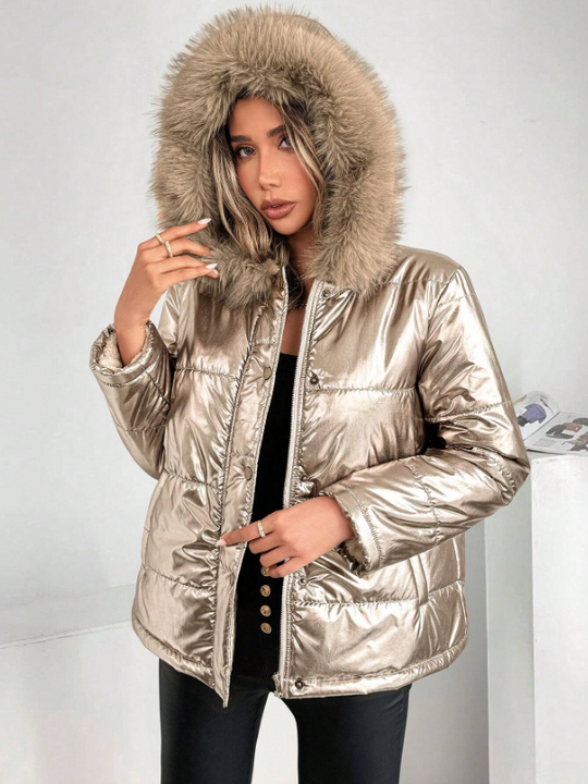 EB | Damen Metallic Pufferjacke mit Kapuze und Pelzkragen