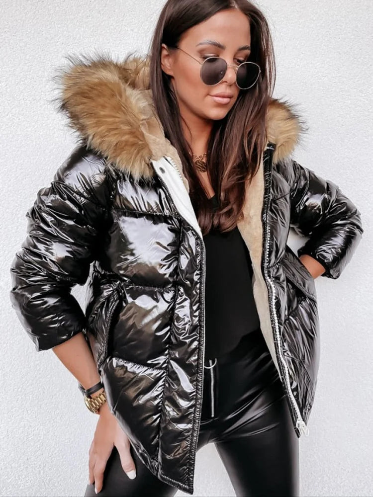 EB | Damen Metallic Pufferjacke mit Kapuze und Pelzkragen