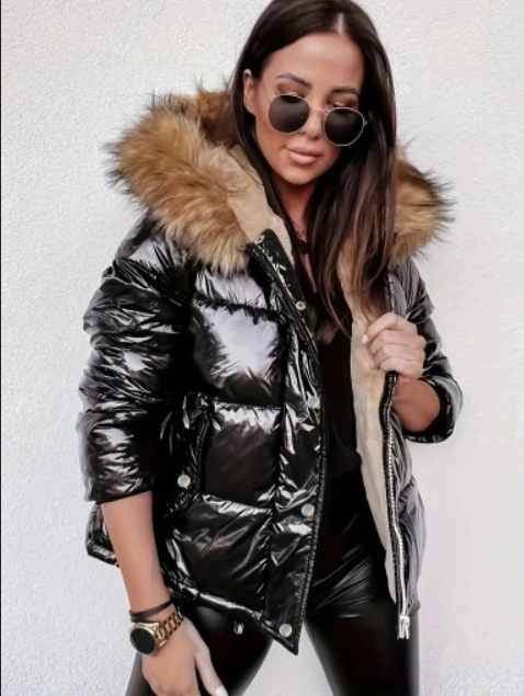 EB | Damen Metallic Pufferjacke mit Kapuze und Pelzkragen