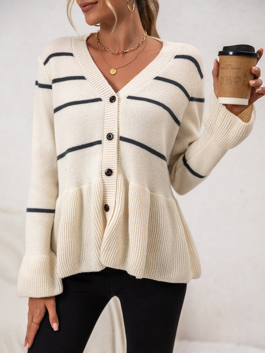EB | Damen Gestreifter Strick-Cardigan mit V-Ausschnitt und Knopfverschluss