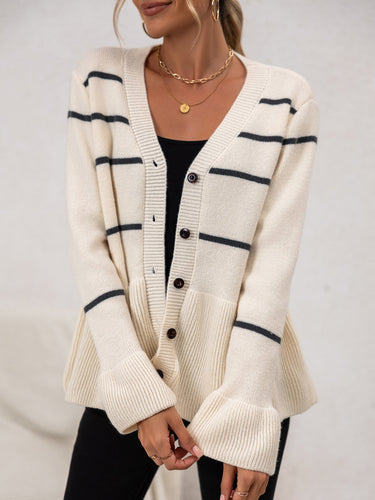 EB | Damen Gestreifter Strick-Cardigan mit V-Ausschnitt und Knopfverschluss