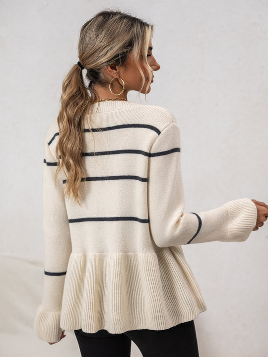 EB | Damen Gestreifter Strick-Cardigan mit V-Ausschnitt und Knopfverschluss