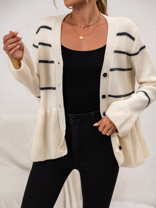EB | Damen Gestreifter Strick-Cardigan mit V-Ausschnitt und Knopfverschluss